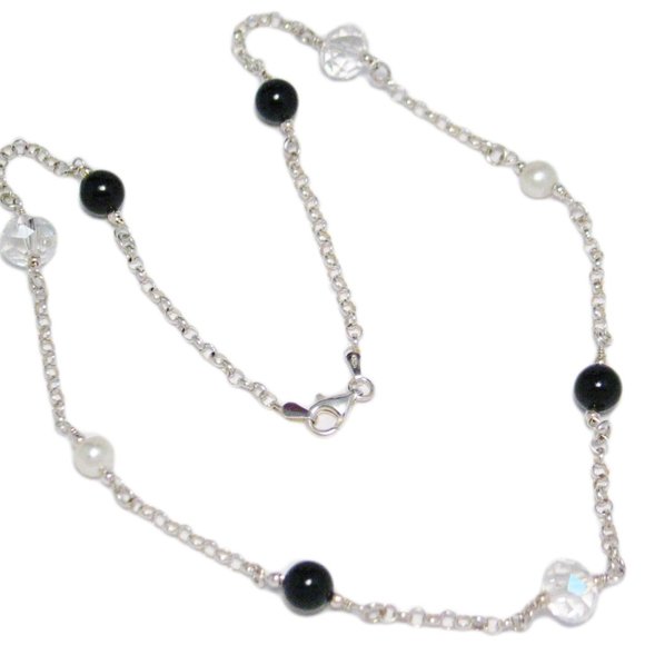 Rolo Chain Crystal Pearl Station Necklace Sterling - Picture 1 of 4